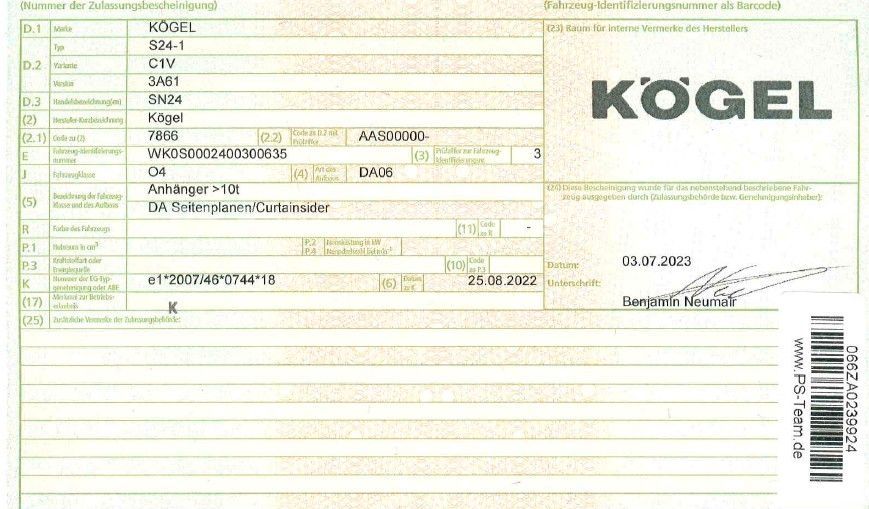 Fahrzeugabbildung Kögel S24-1*Volumen* LiftA*Hubdach*