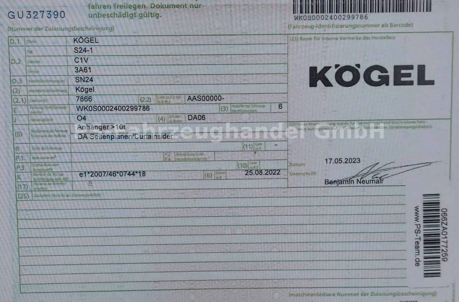 Fahrzeugabbildung Kögel SN24*Standard*BPW* Liftachse*Verbreiterungsplane