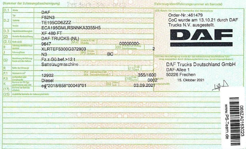 Fahrzeugabbildung DAF XF 480 FT*Blatt/Luft*ALCOA